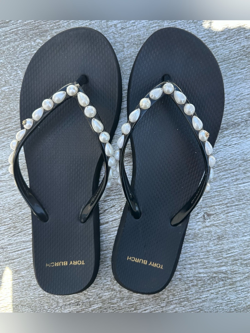 Tory Burch Black & Pearl Sandals Flip Flops 9.5